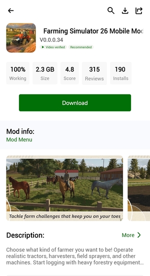 Farming Simulator 26 Mobile HappyMod detail page showing Mod Menu information
