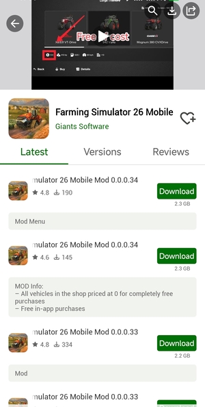Farming Simulator 26 Mobile HappyMod version list with downloadable mod builds
