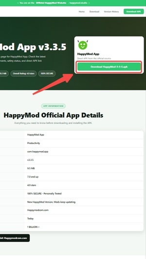 HappyMod APK download screen on Android
